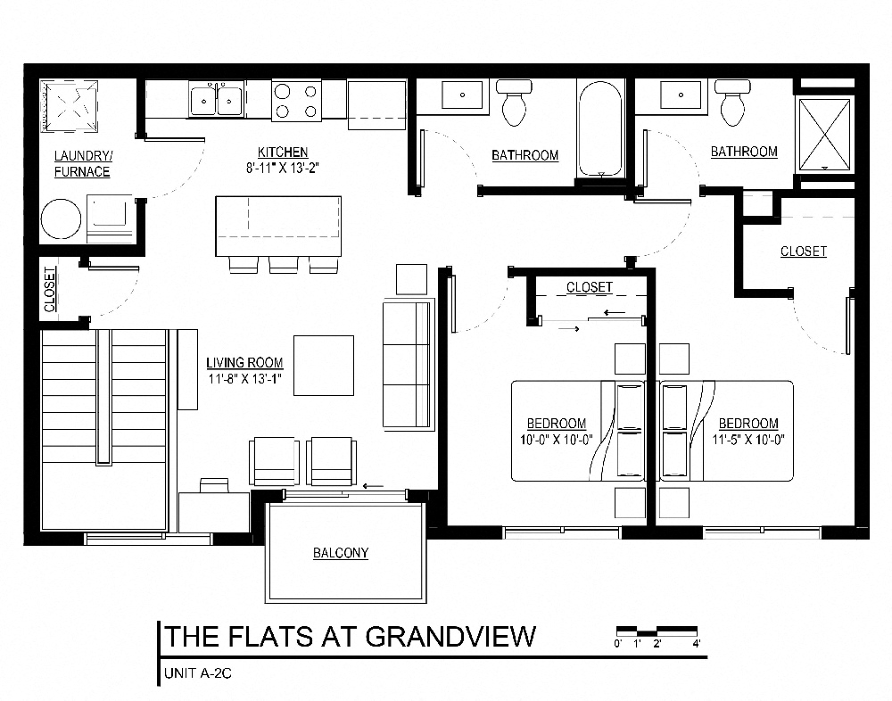 Floor plan for 2 beds, 2 baths, 960 sqft